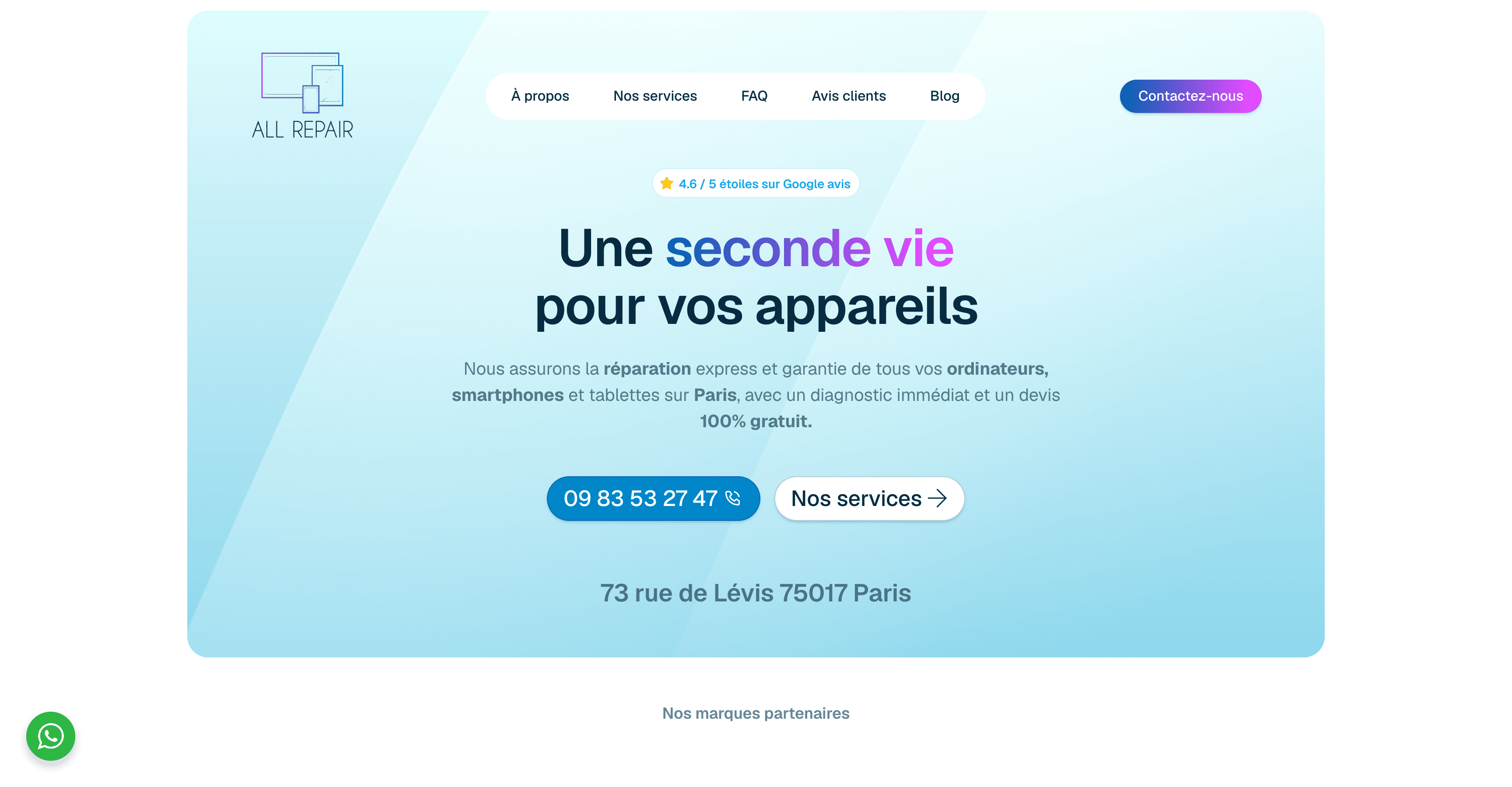 Page d’accueil d’All Repair avec le titre « Une seconde vie pour vos appareils », le numéro de téléphone et l’adresse de la boutique