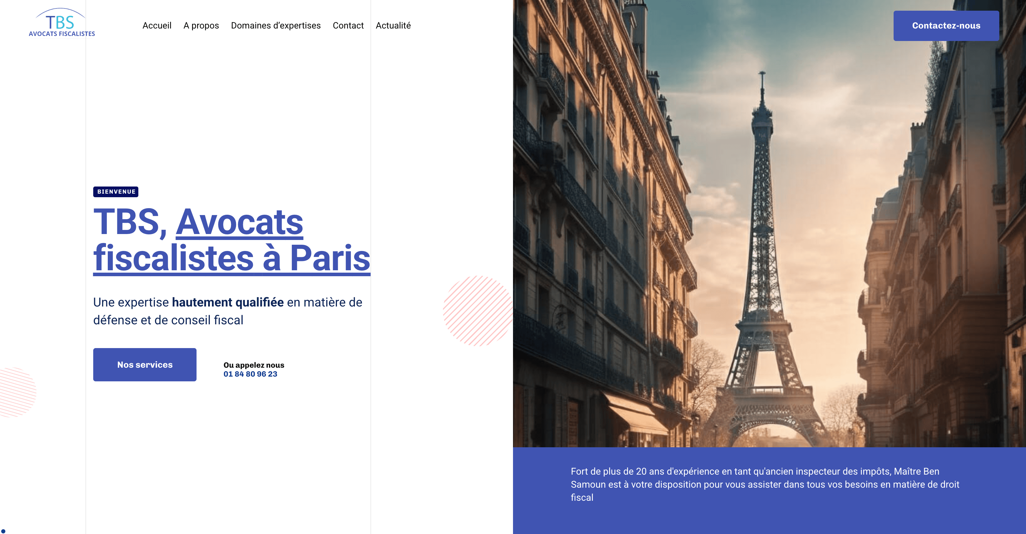 Page d’accueil de TBS Avocats fiscalistes avec le titre « TBS, Avocats fiscalistes à Paris » à côté d’une vue de la tour Eiffel
