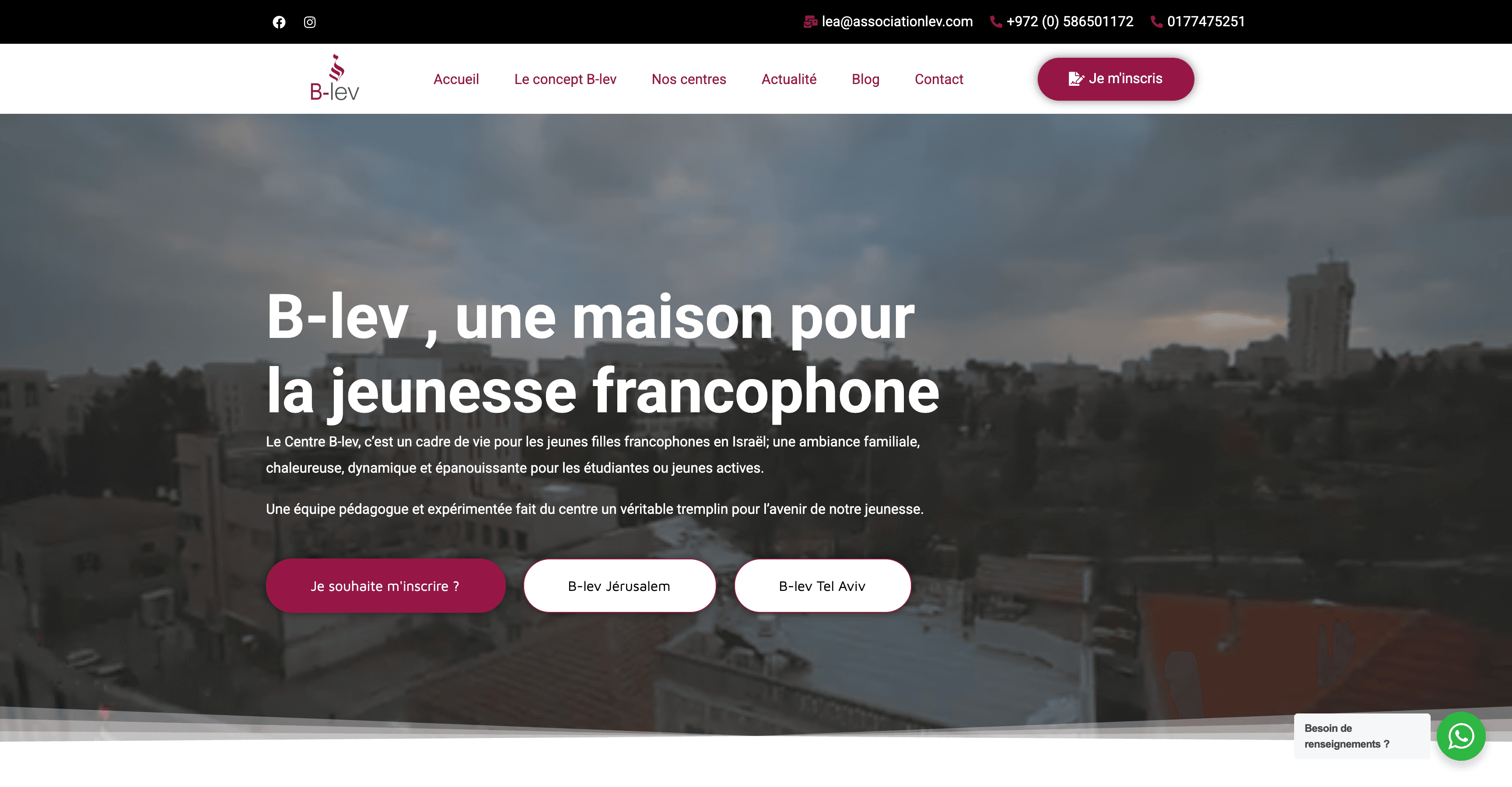 Page d’accueil de B-lev avec le titre « B-lev, une maison pour la jeunesse francophone » sur une photo de chambre