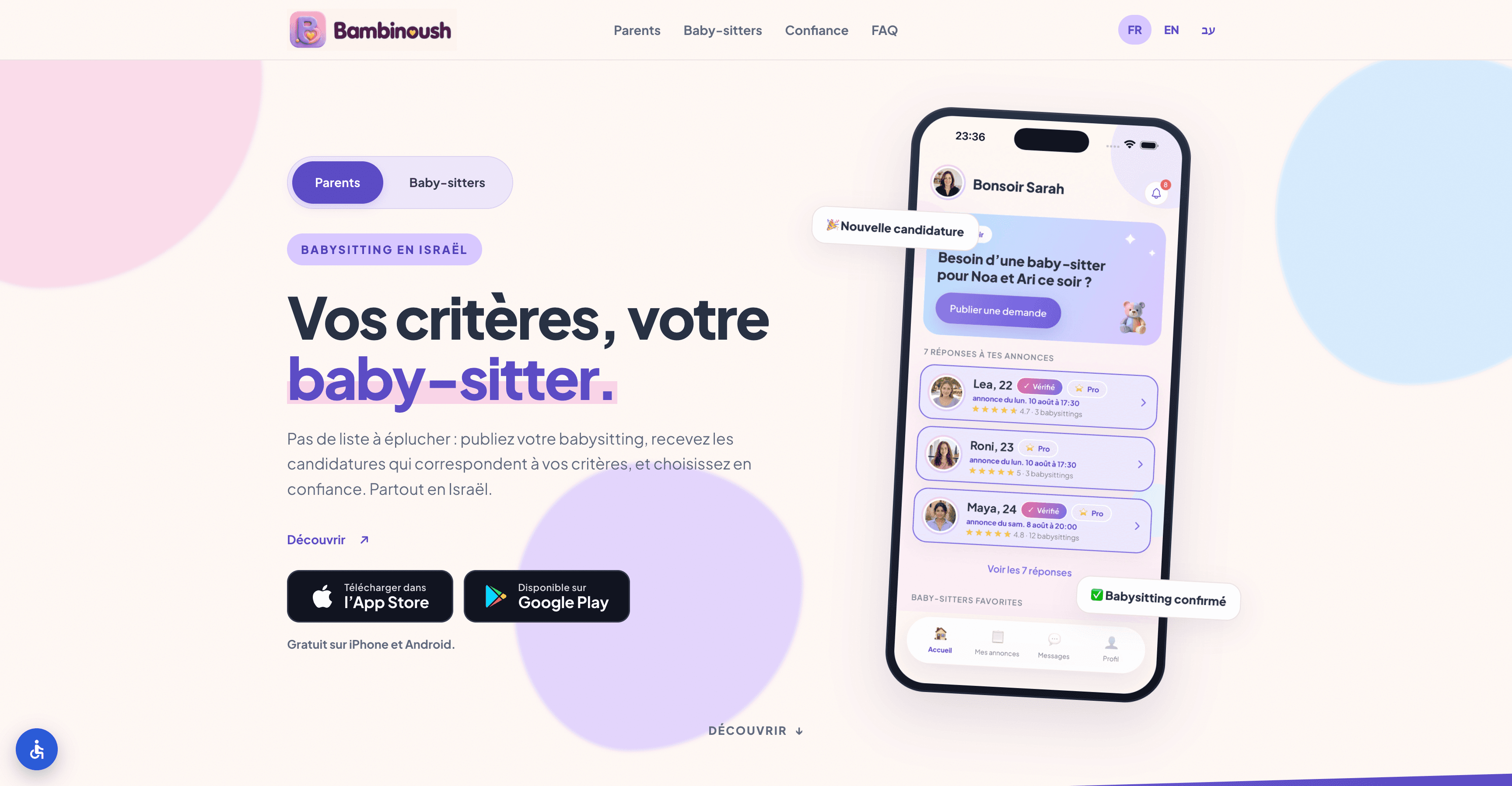 Capture de la page d’accueil Bambinoush présentant l’application de babysitting en Israël