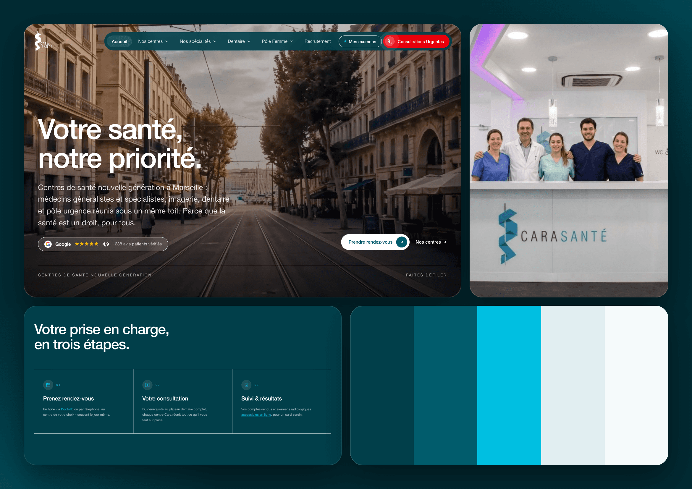 Direction visuelle Cara Santé : accueil du site, équipe, parcours patient et palette pétrole et cyan