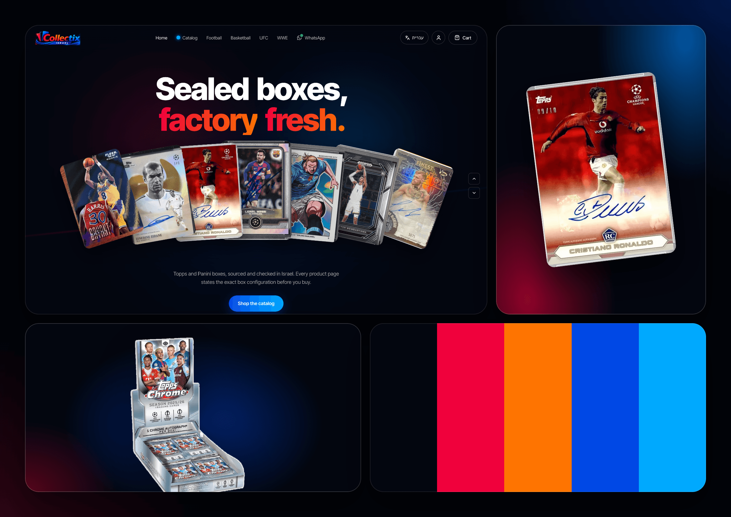 Moodboard Collectix avec la boutique, les cartes de collection et la palette de couleurs