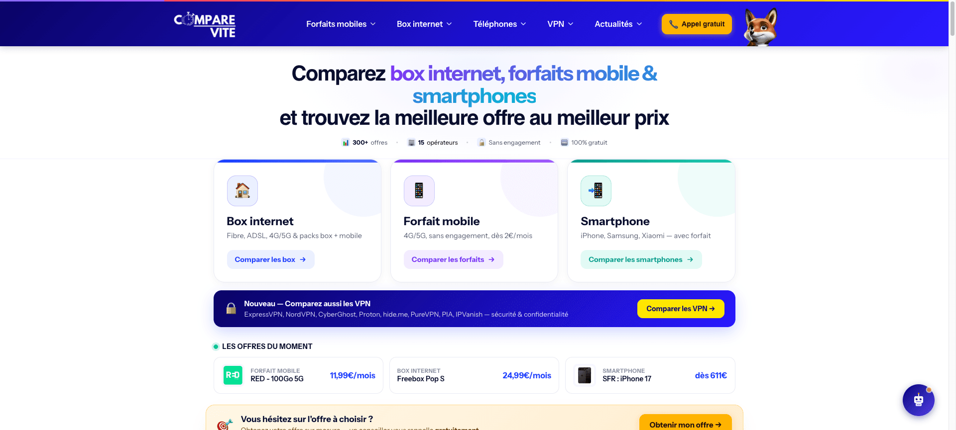 Page d’accueil de CompareVite présentant les comparateurs de box internet, forfaits mobiles et smartphones