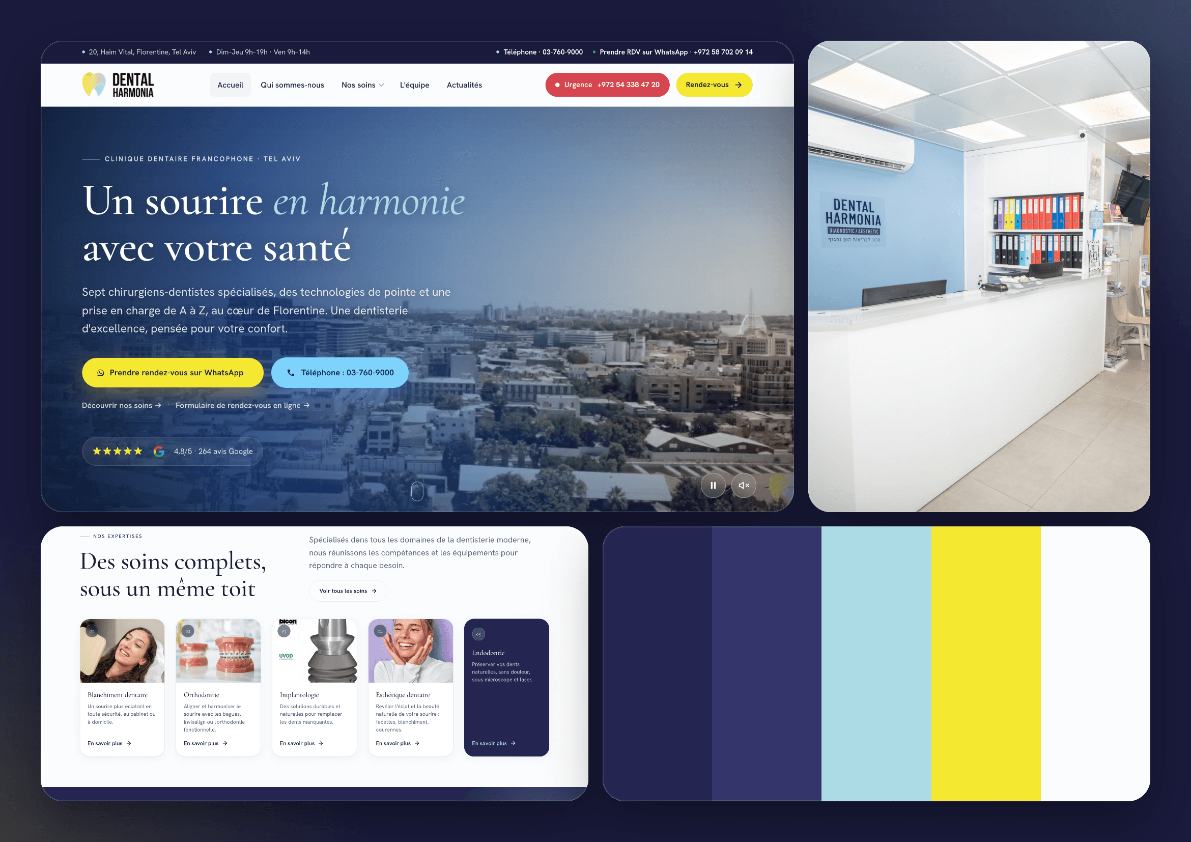 Hero du site Dental Harmonia sur une vue de Tel-Aviv, avec la promesse Un sourire en harmonie avec votre santé