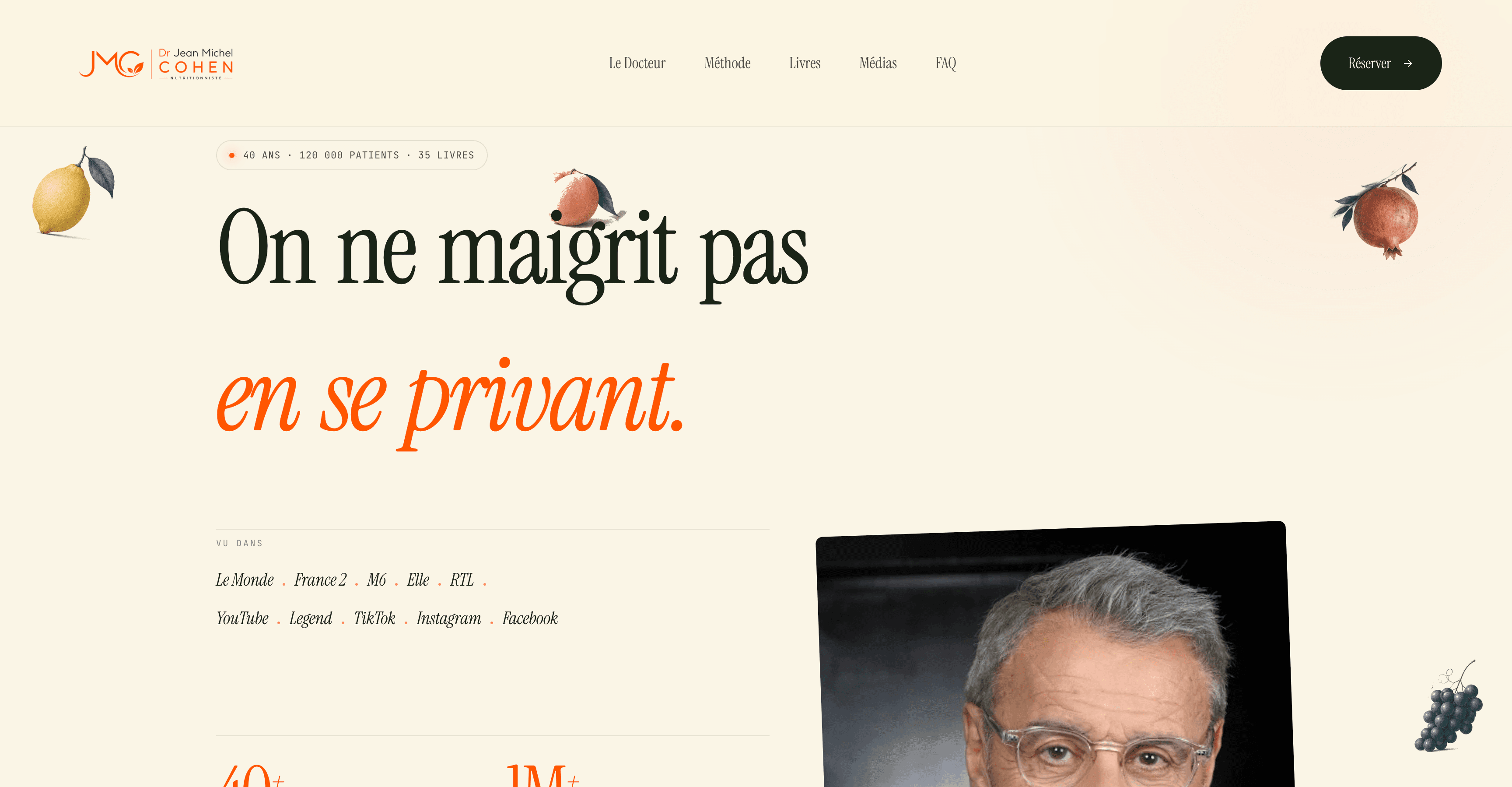 Moodboard du site du Dr Jean-Michel Cohen : page d’accueil, portrait, livres et palette