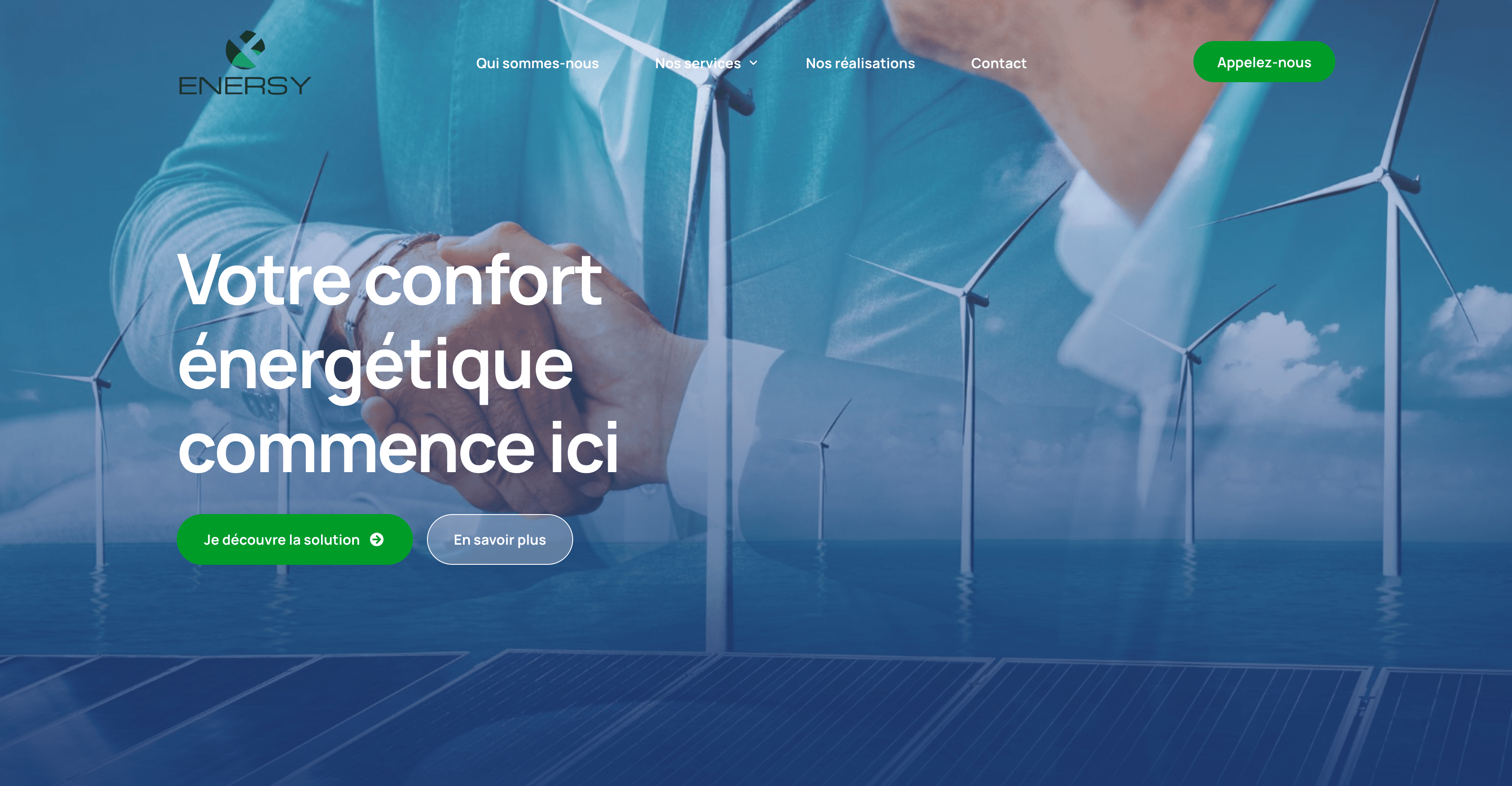 Page d’accueil d’Enersy avec le titre « Votre confort énergétique commence ici » sur une photo d’éoliennes et de poignée de main