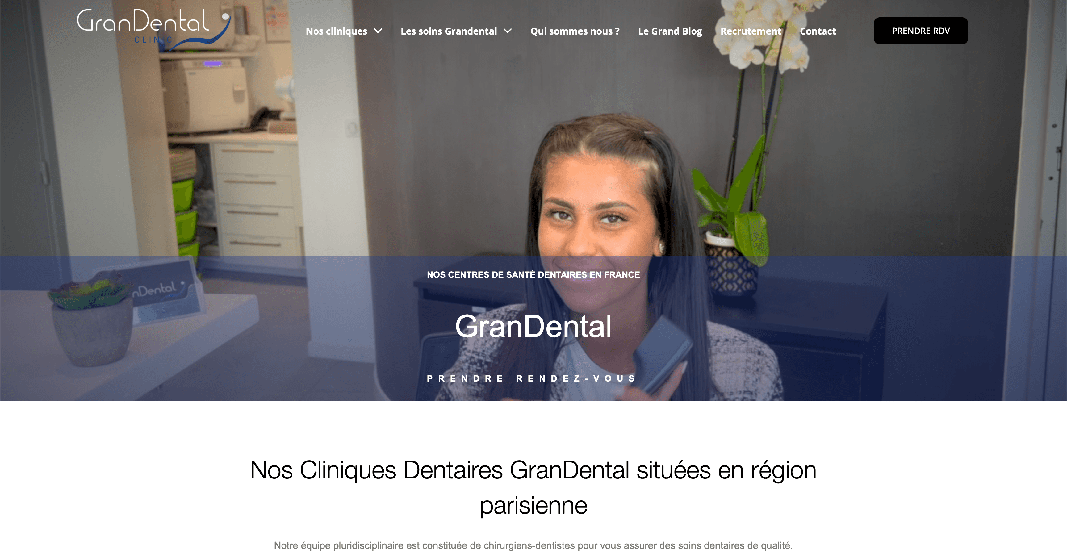 Page d’accueil de GranDental avec le titre « Nos centres de santé dentaires en France » et le bouton de prise de rendez-vous