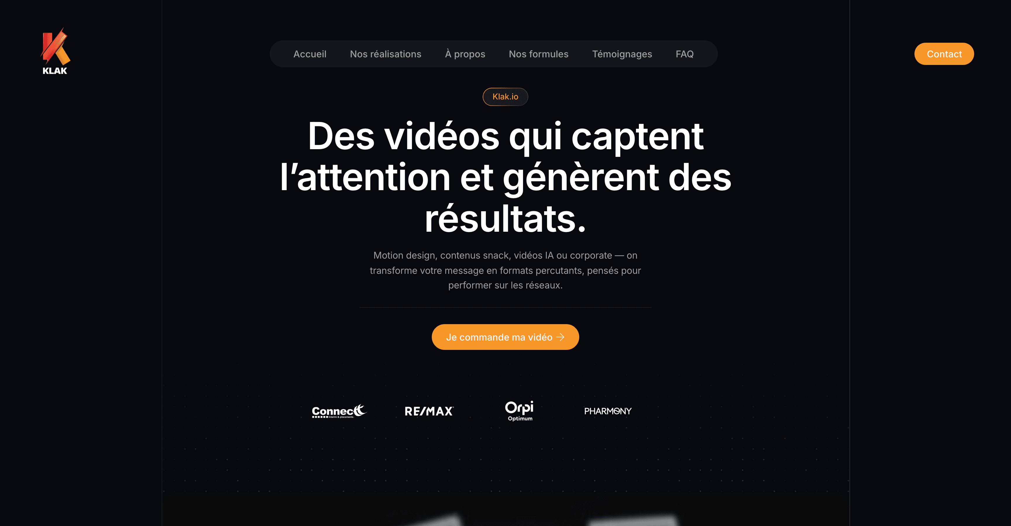 Page d’accueil de Klak avec le titre « Des vidéos qui captent l’attention et génèrent des résultats » sur fond sombre et un bouton orange