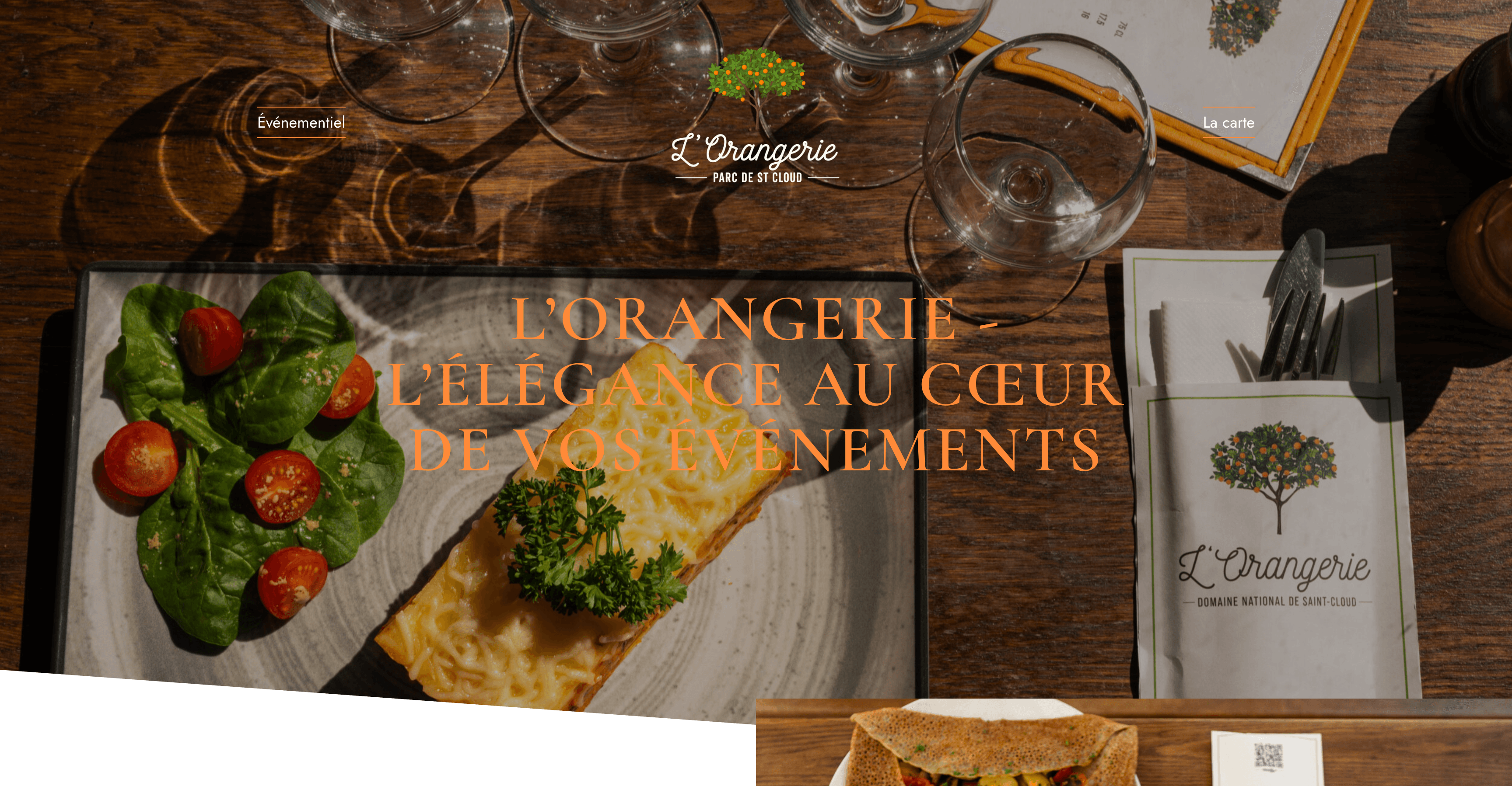 Page d’accueil de L’Orangerie avec le titre « L’Orangerie, l’élégance au cœur de vos événements » sur une photo de table dressée