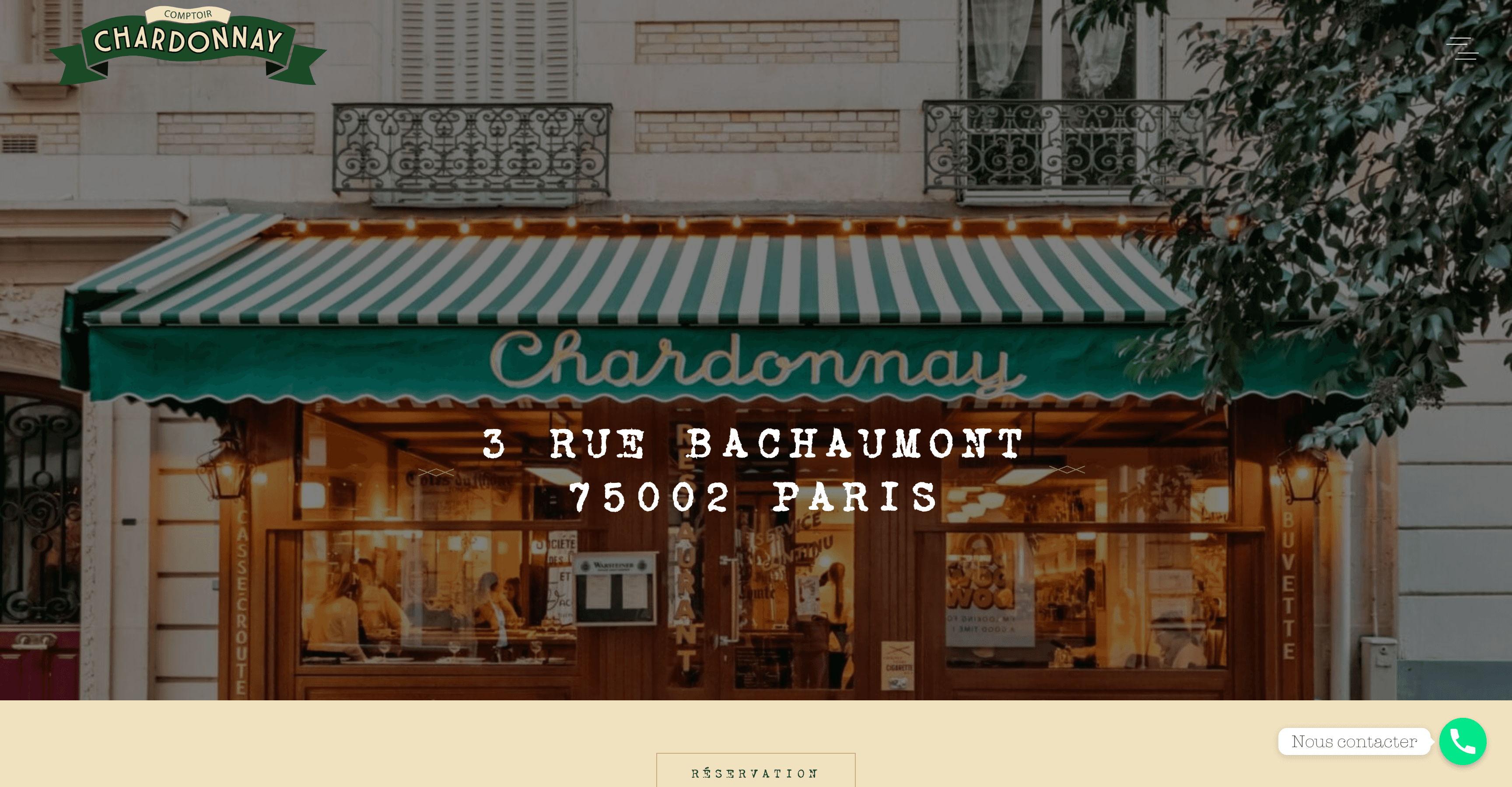 Page d’accueil du Chardonnay Comptoir avec sa devanture rue Bachaumont
