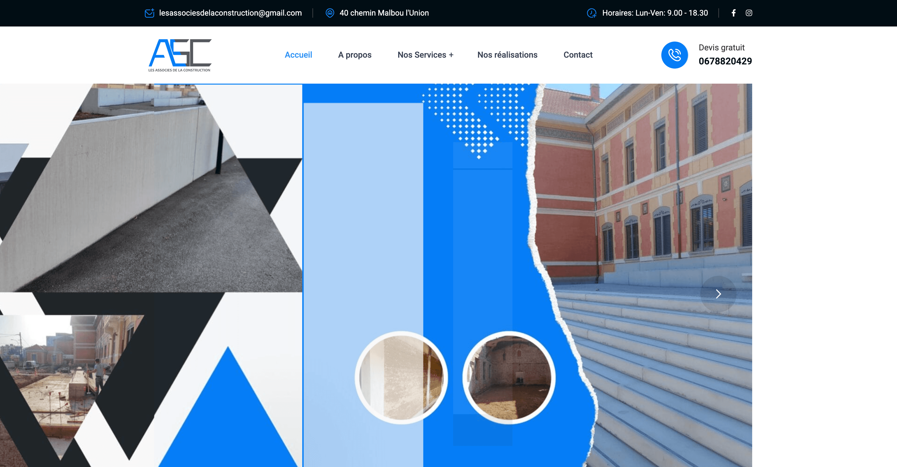Page d’accueil des Associés de la Construction avec un diaporama de chantiers découpé en formes géométriques bleues et noires