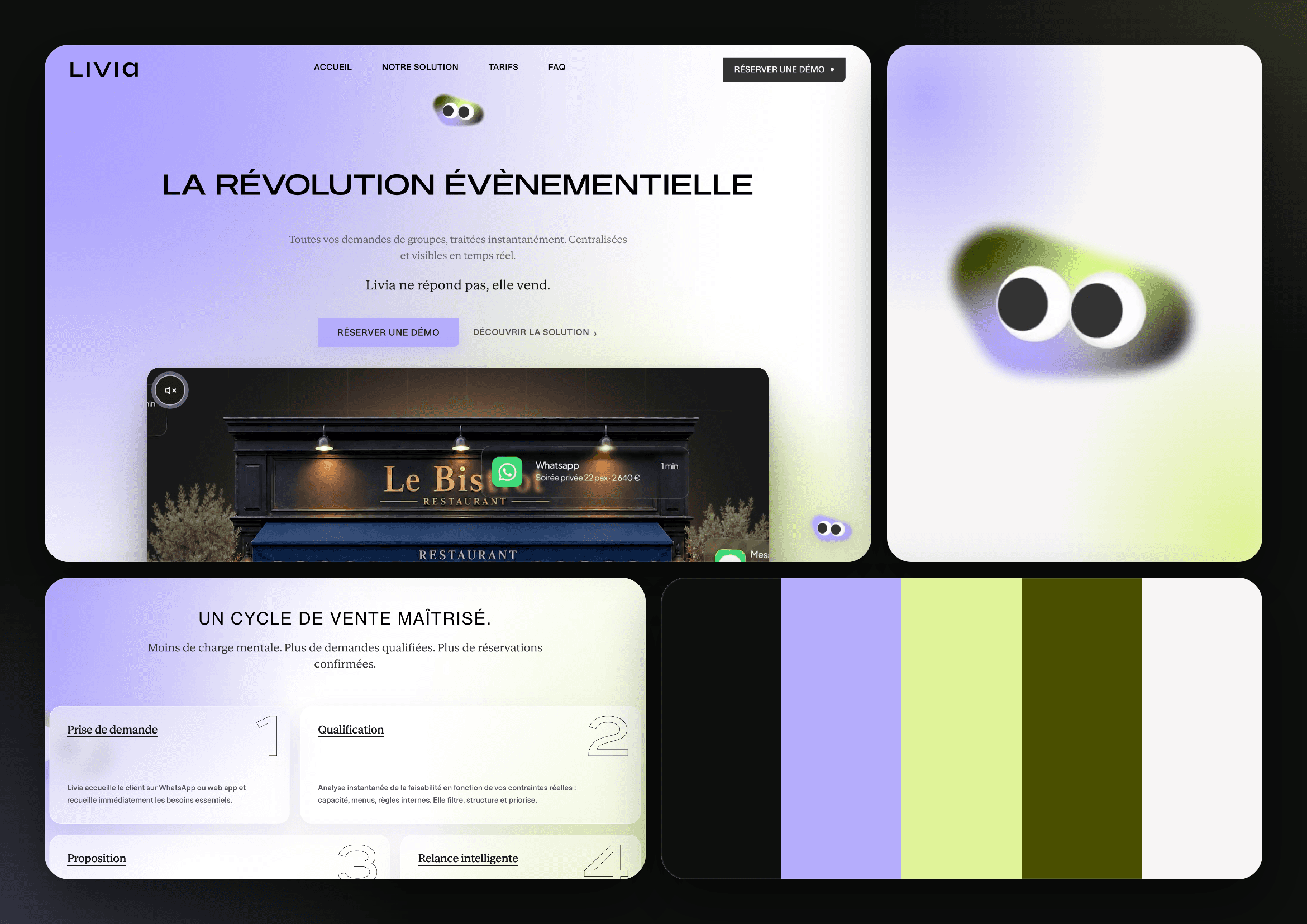 Moodboard LIVIA avec la page d’accueil, le symbole et le parcours de réservation
