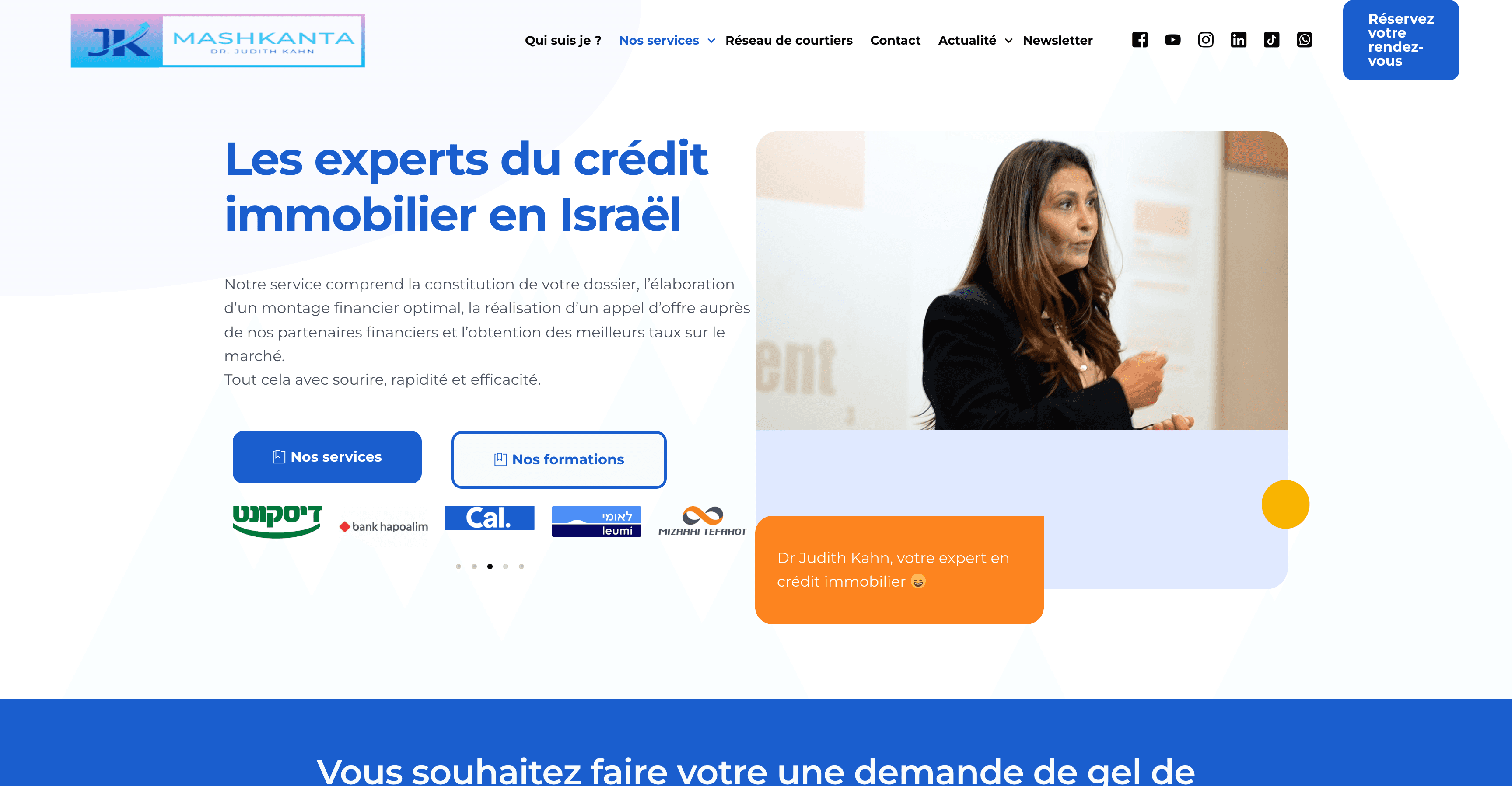 Page d’accueil de Mashkanta avec le titre « Les experts du crédit immobilier en Israël » et le portrait du Dr Judith Kahn