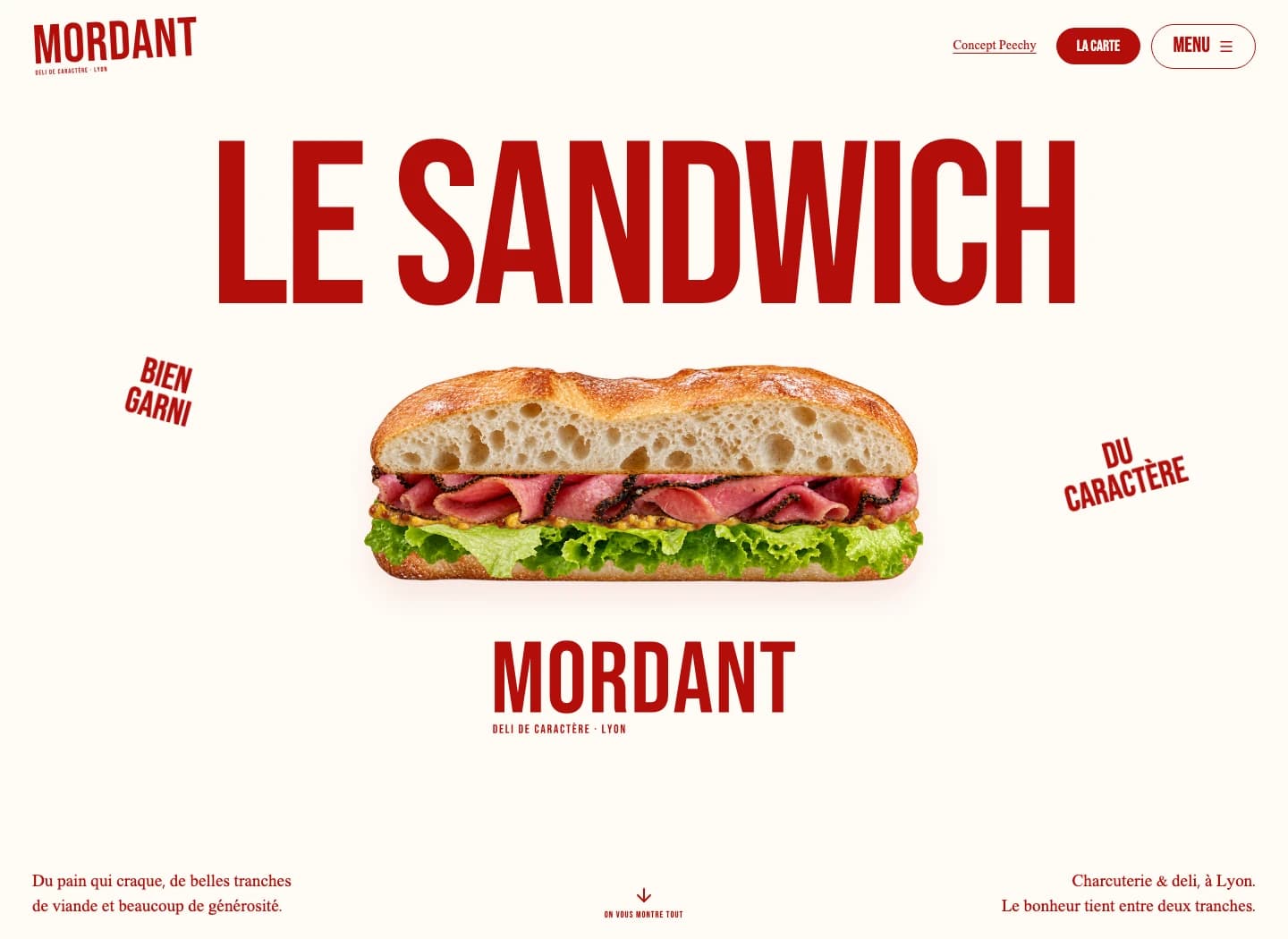 Page d’accueil Mordant, concept Peechy de deli à Lyon