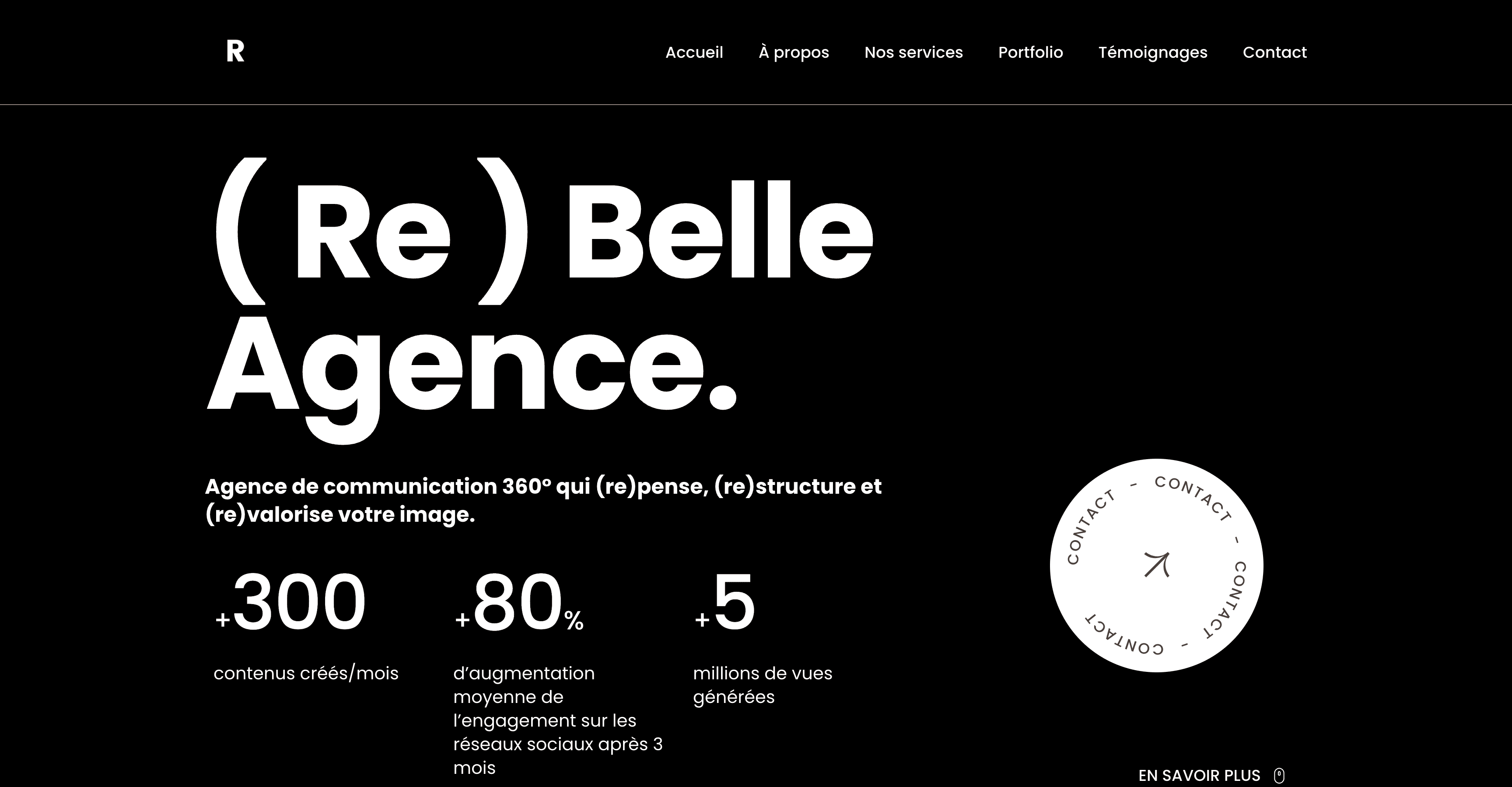 Page d’accueil de (Re) Belle Agence : titre « ( Re ) Belle Agence. », chiffres clés et badge Contact sur fond noir