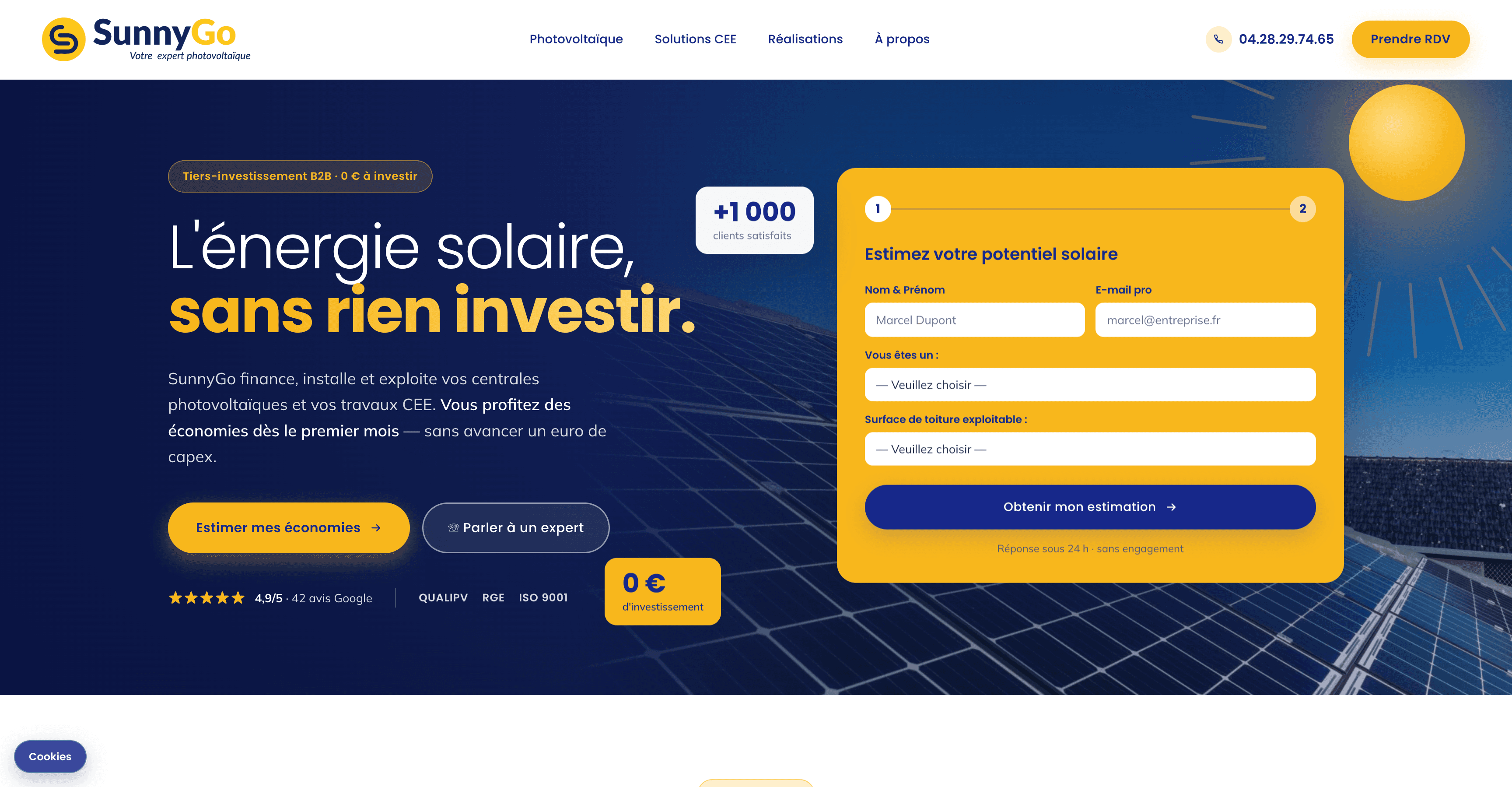 Page d’accueil de SunnyGo et son simulateur d’économies solaires