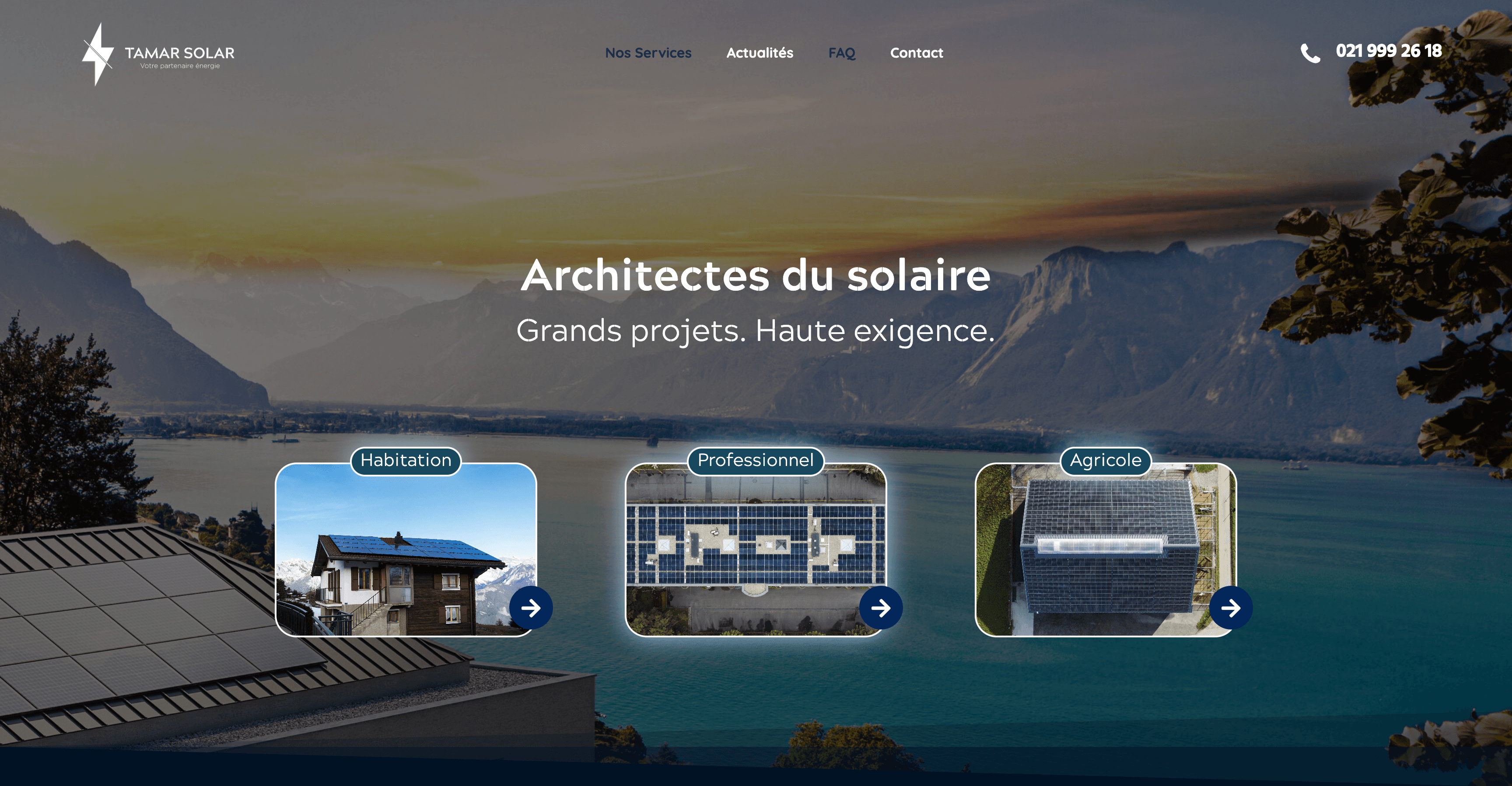 Page d’accueil de Tamar Solar avec le titre « Architectes du solaire » sur fond de lac et de montagnes, et trois accès Habitation, Professionnel et Agricole