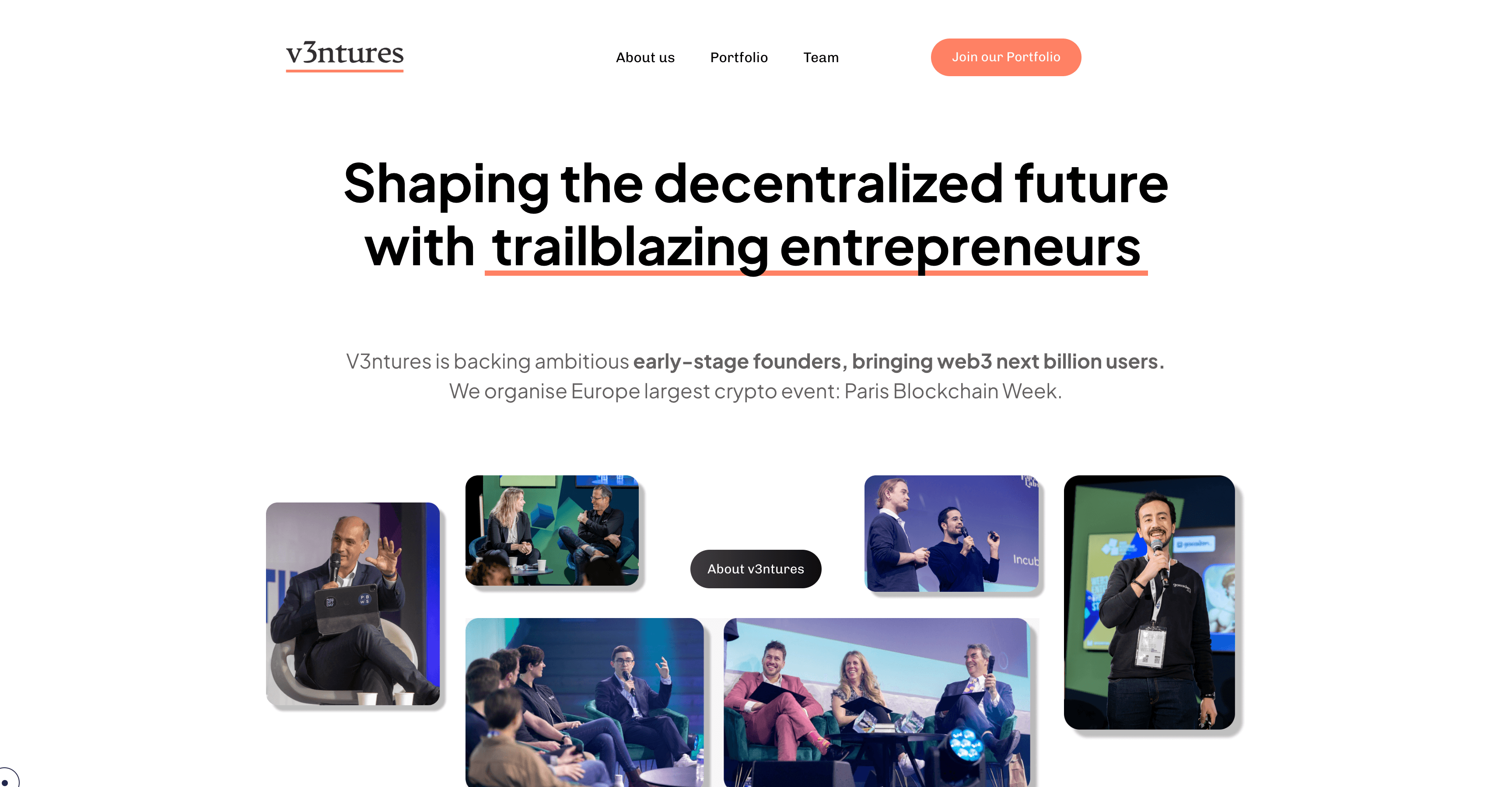 Page d’accueil de V3ntures avec le titre « Shaping the decentralized future with trailblazing entrepreneurs » au-dessus d’une mosaïque de photos de conférences