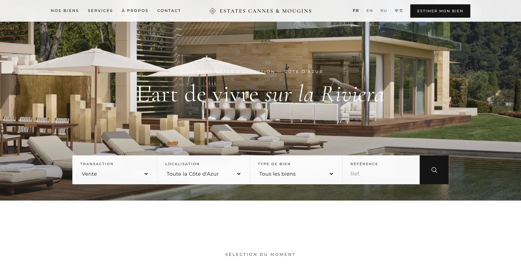 Page d’accueil d’Estates Cannes & Mougins avec sa recherche de biens