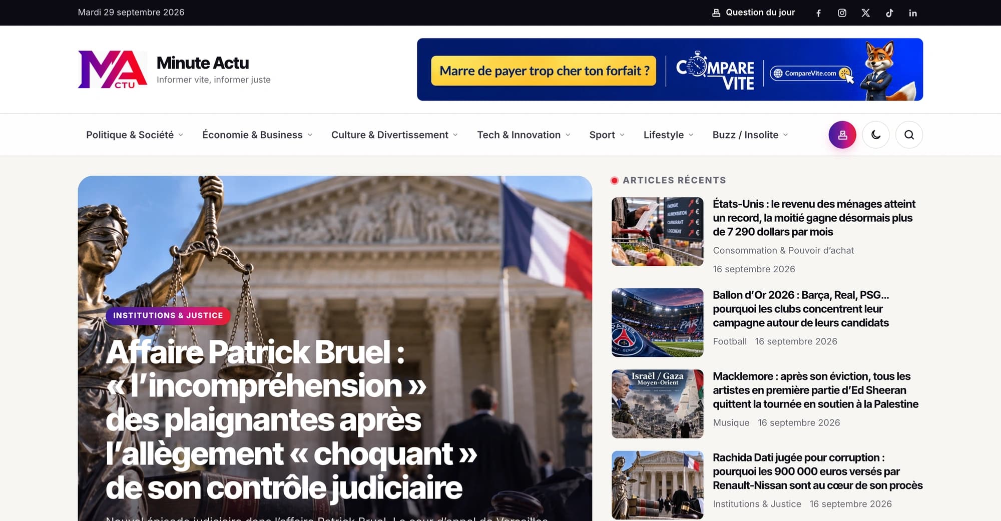 Page d’accueil de Minute Actu avec la une et les articles récents