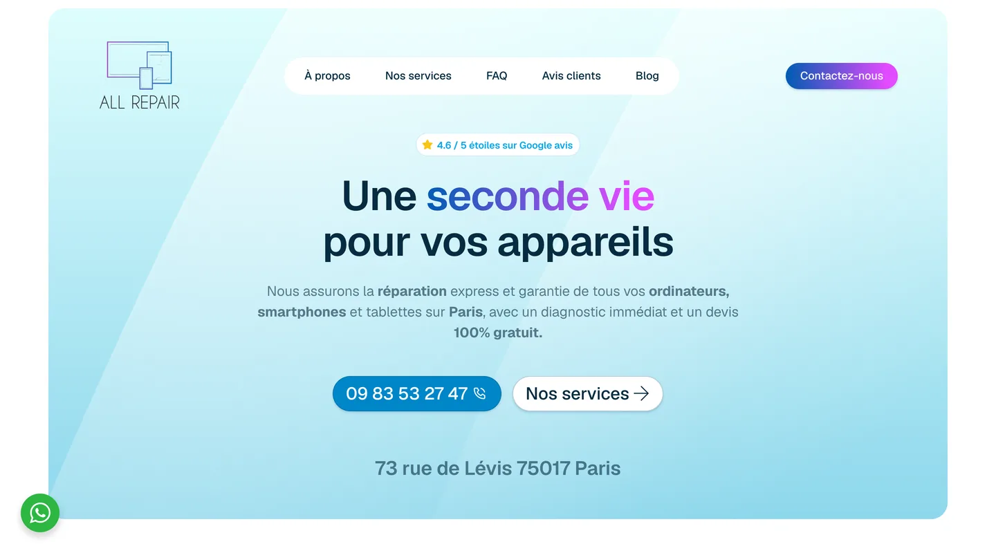 Page d'accueil du site All Repair réalisé par Peechy