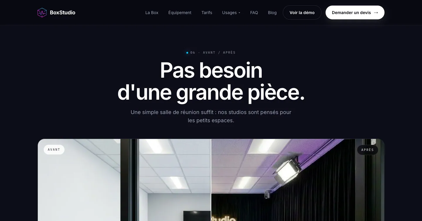Site BoxStudio, la salle avant et après installation, vue 6 sur 10