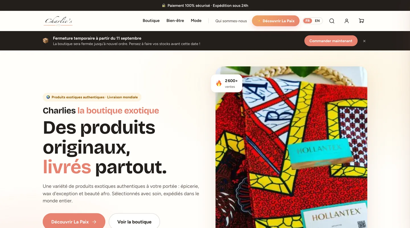 Page d'accueil de la boutique Charlie's réalisée par Peechy