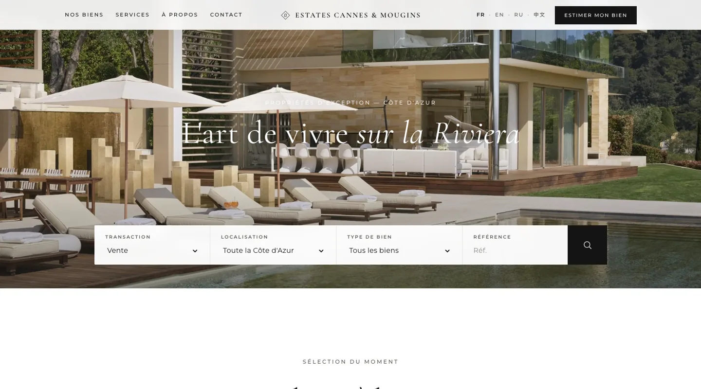 Page d'accueil du site Estates Cannes réalisé par Peechy