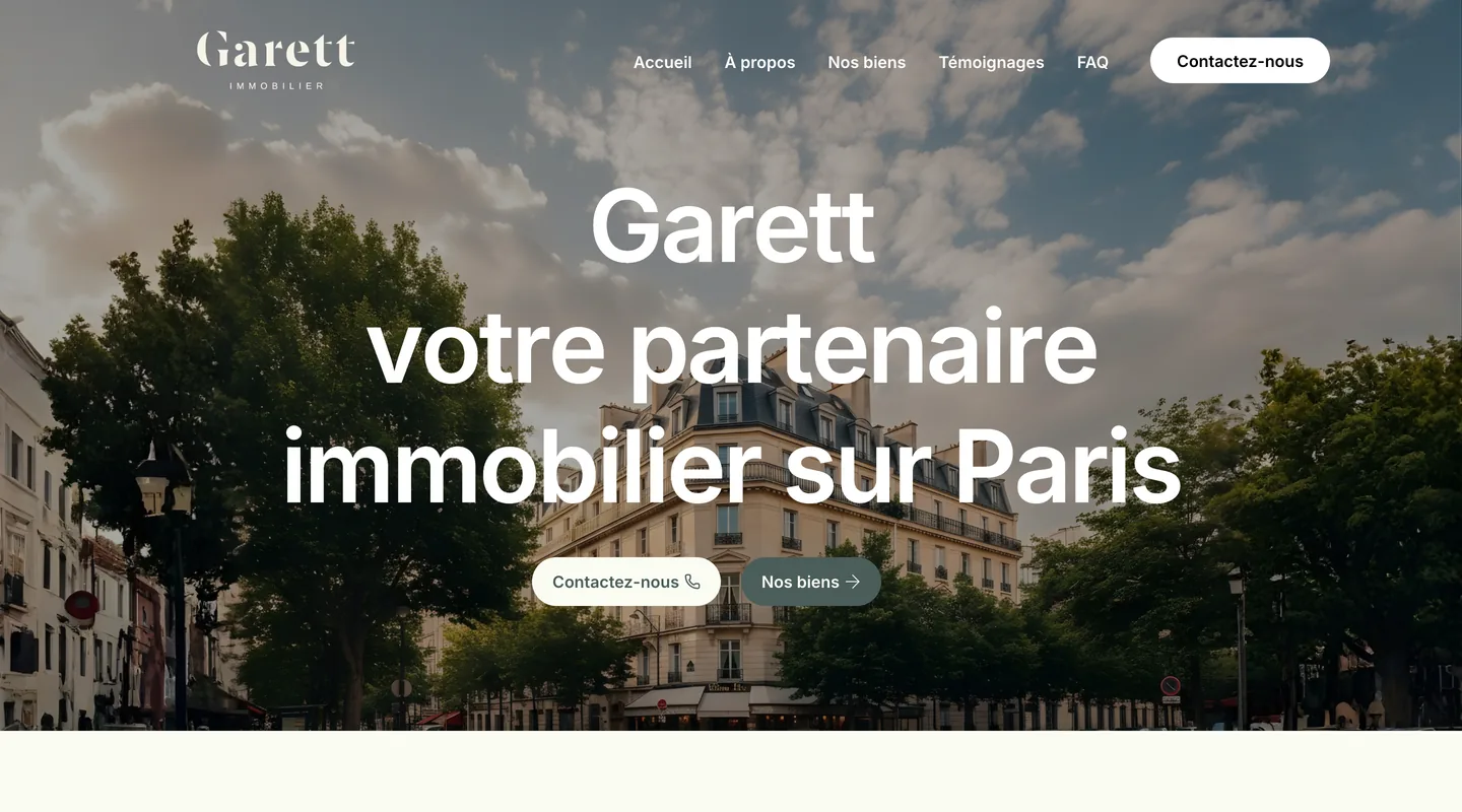 Page d'accueil du site Garett Immobilier réalisé par Peechy