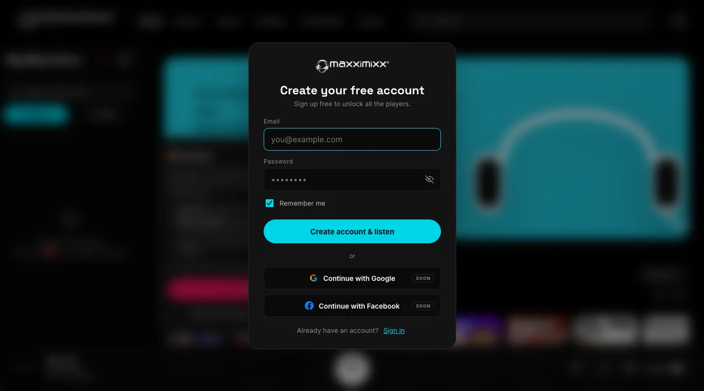 Écran d'entrée de la plateforme Maxximixx réalisée par Peechy