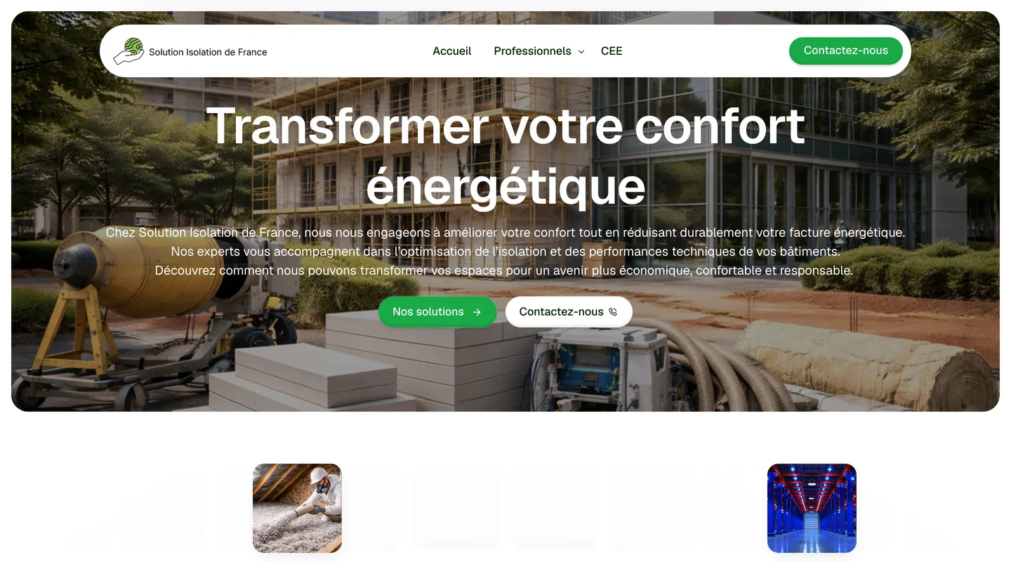 Page d'accueil du site Solution Isolation de France réalisé par Peechy