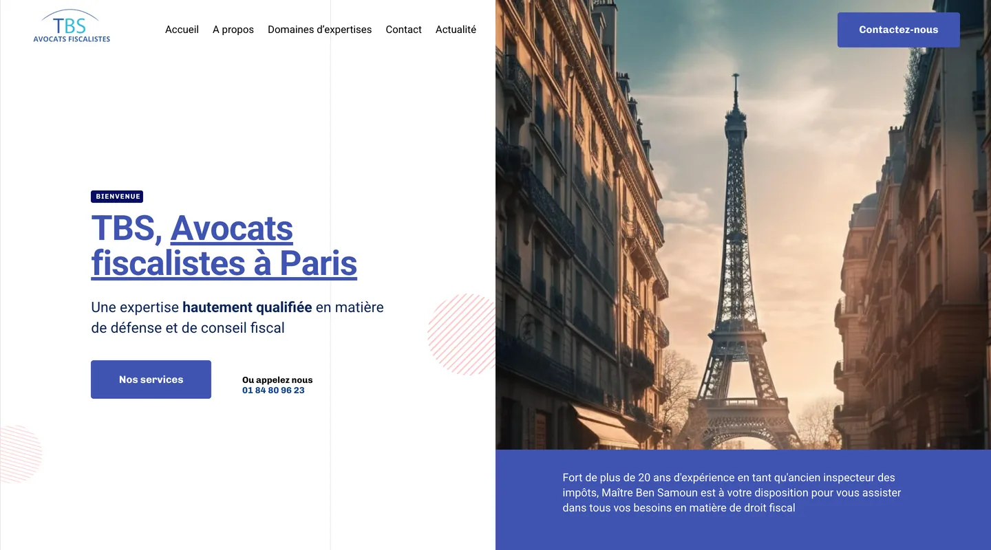 Page d'accueil du site TBS Avocats fiscalistes réalisé par Peechy